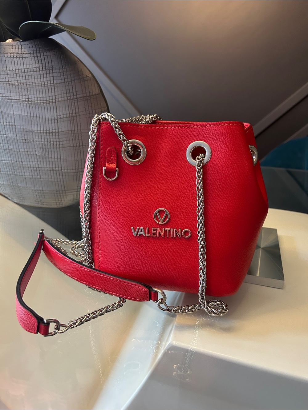 Valentino Red Leather Drawstring Crossbody with Silver Chain